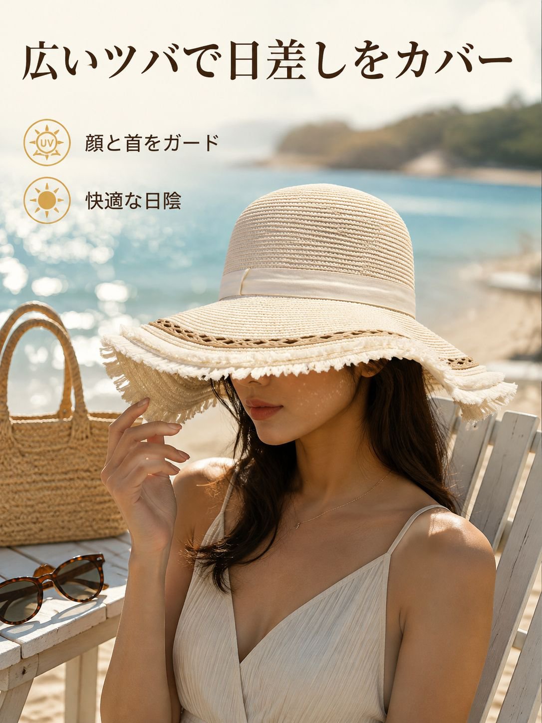 房飾りのついたつば広麦わら帽子