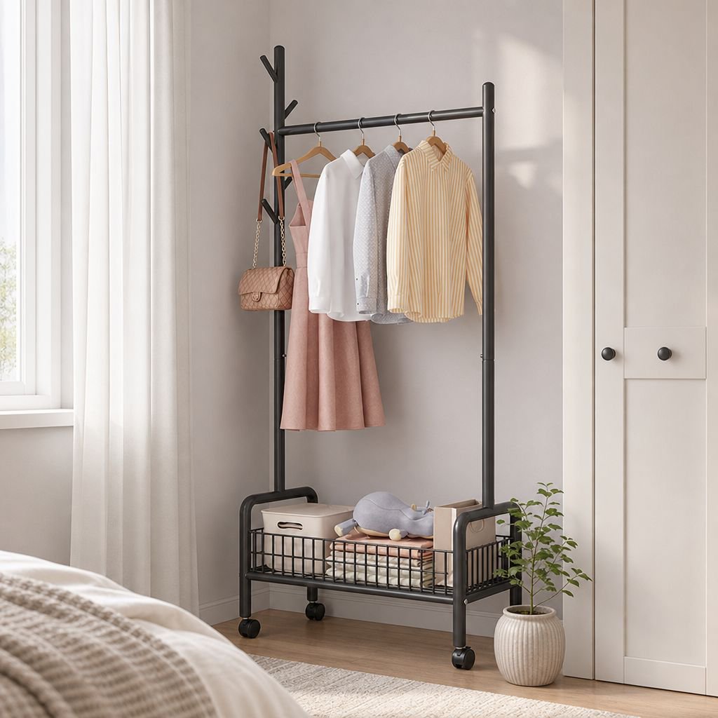 Bedroom organization with multifunctional rack