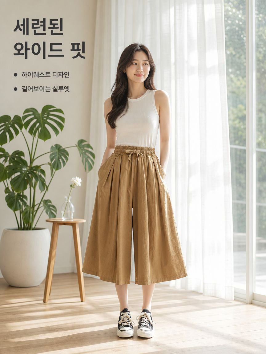 하이웨스트 탄력 슬림 9부 와이드 팬츠 여성 여름 레저 바지