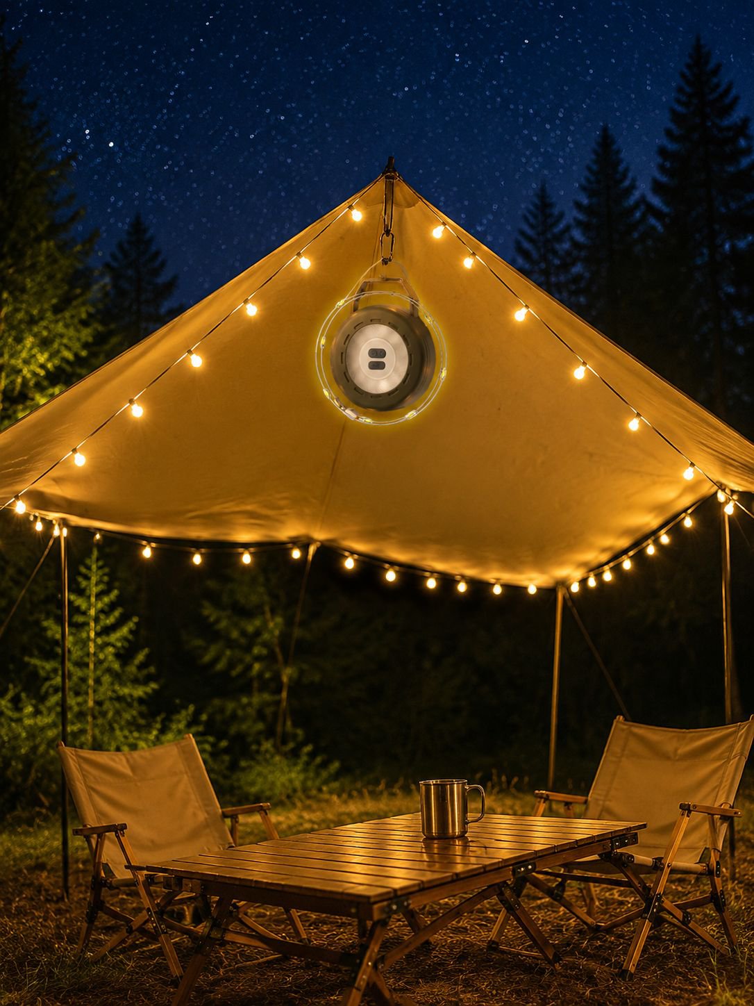 Lámpara de camping efecto cielo estrellado encendida en tienda
