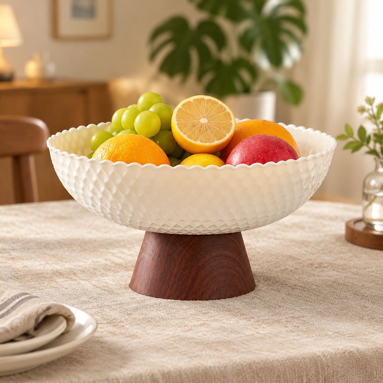 Premium wooden patterns featured on fruit dish and table