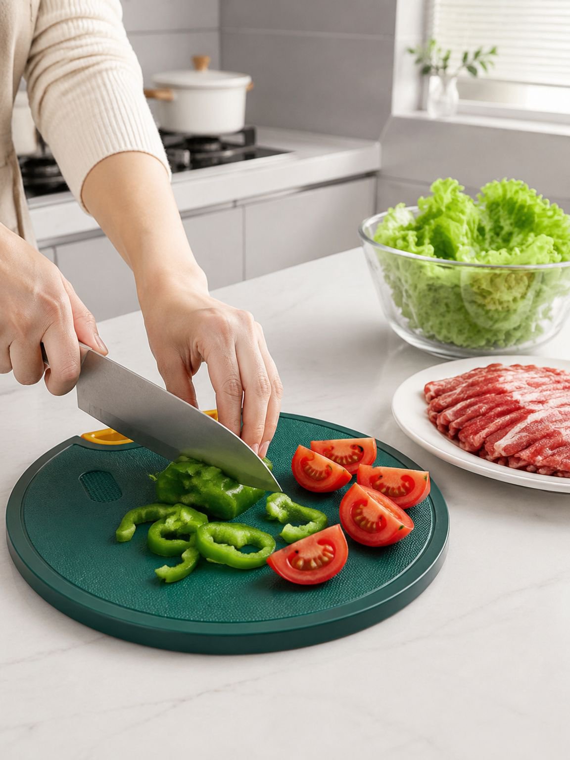 抗菌素材を使用したJMYまな板のクローズアップ
