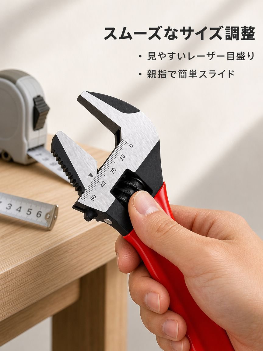 幅広い開口サイズに対応したモンキーレンチ