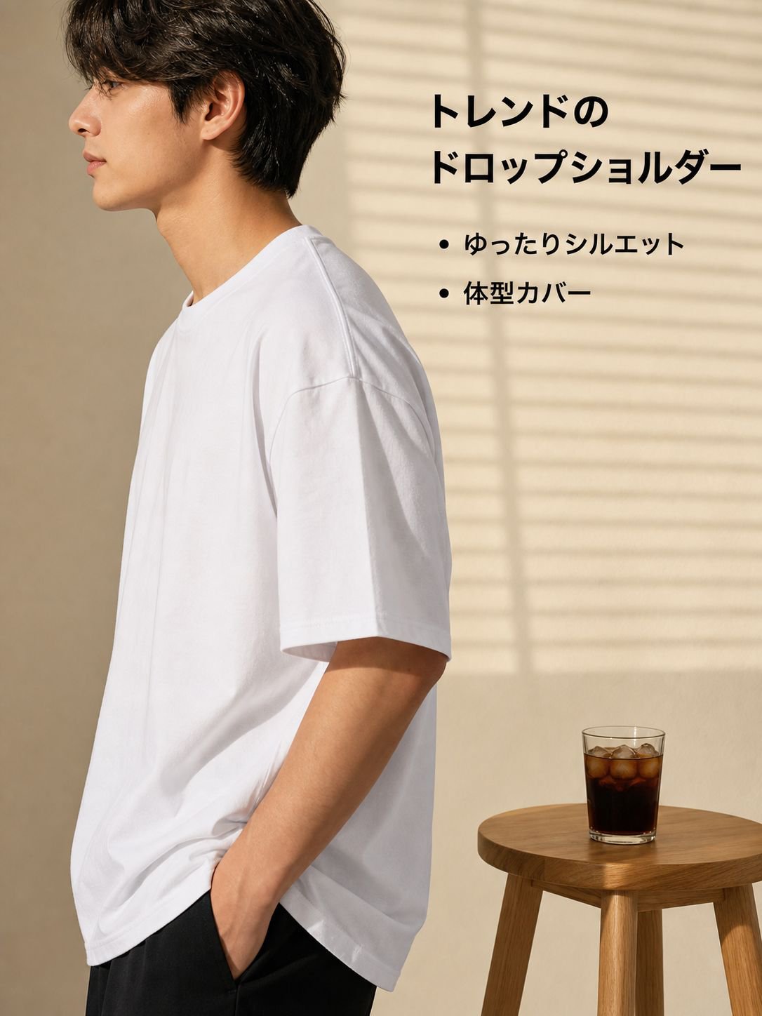 夏のトレンドドロップショルダー半袖ホワイトTシャツ・五分袖コットン無地インナー