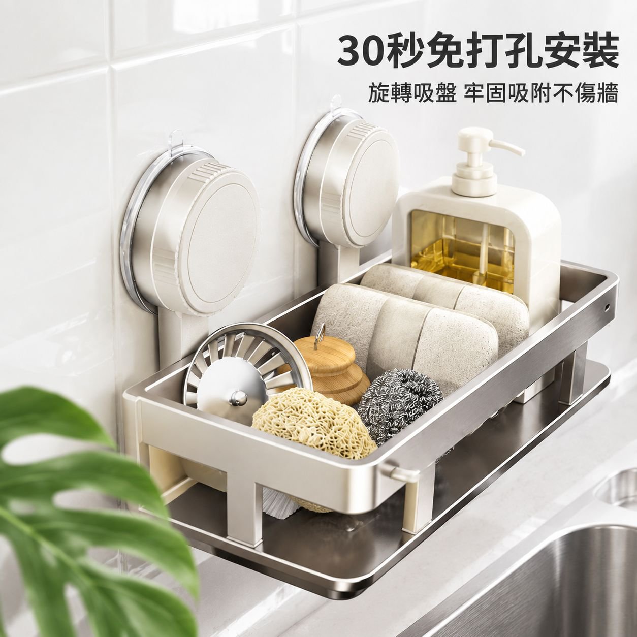 吸盤式廚房收納置物架 免打孔抹布瀝水架 海綿壁掛架 水龍頭水槽多功能神器