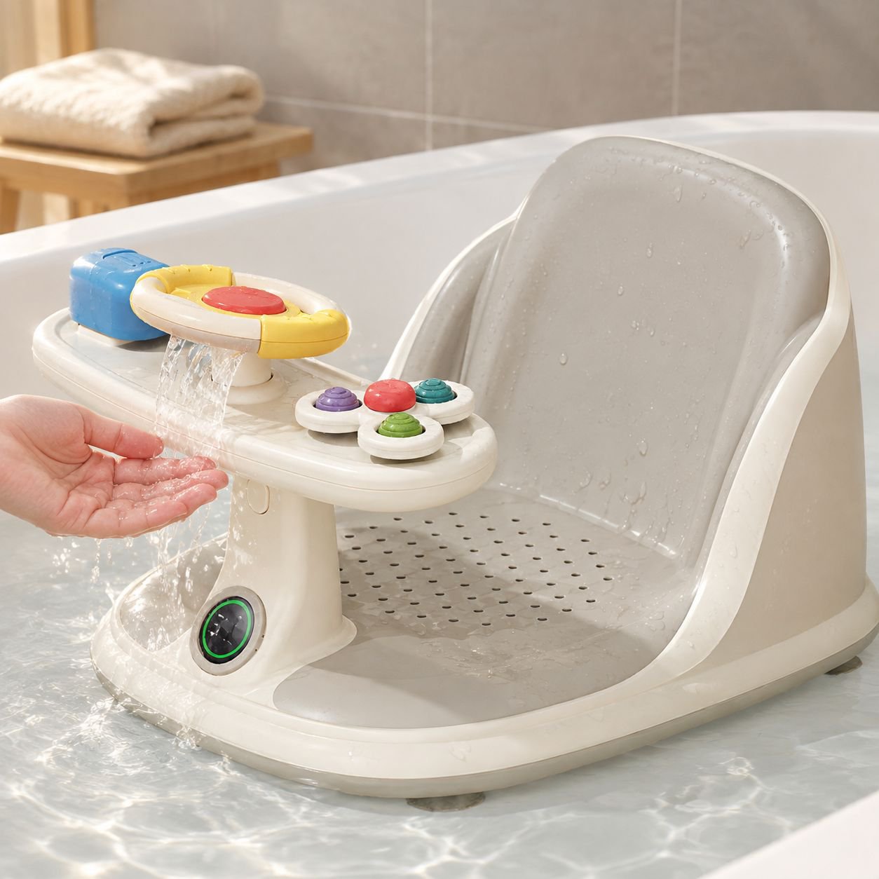 Sicherer Baby Badesitz mit Spielzeug in Badewanne