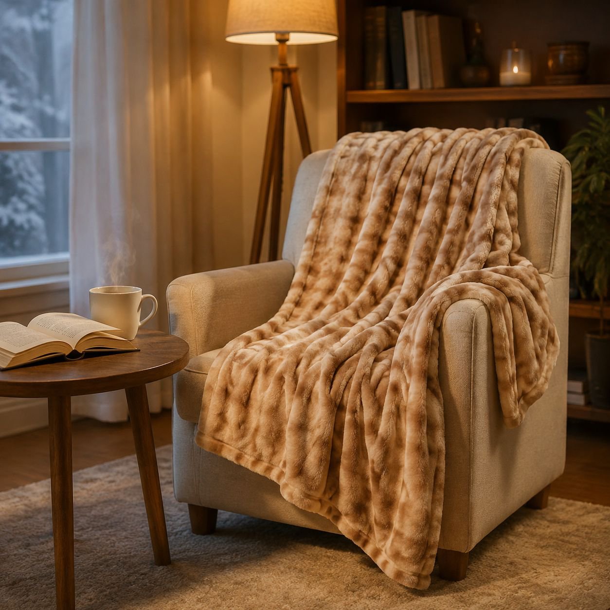 Soft coral fleece nap blanket in living room setting