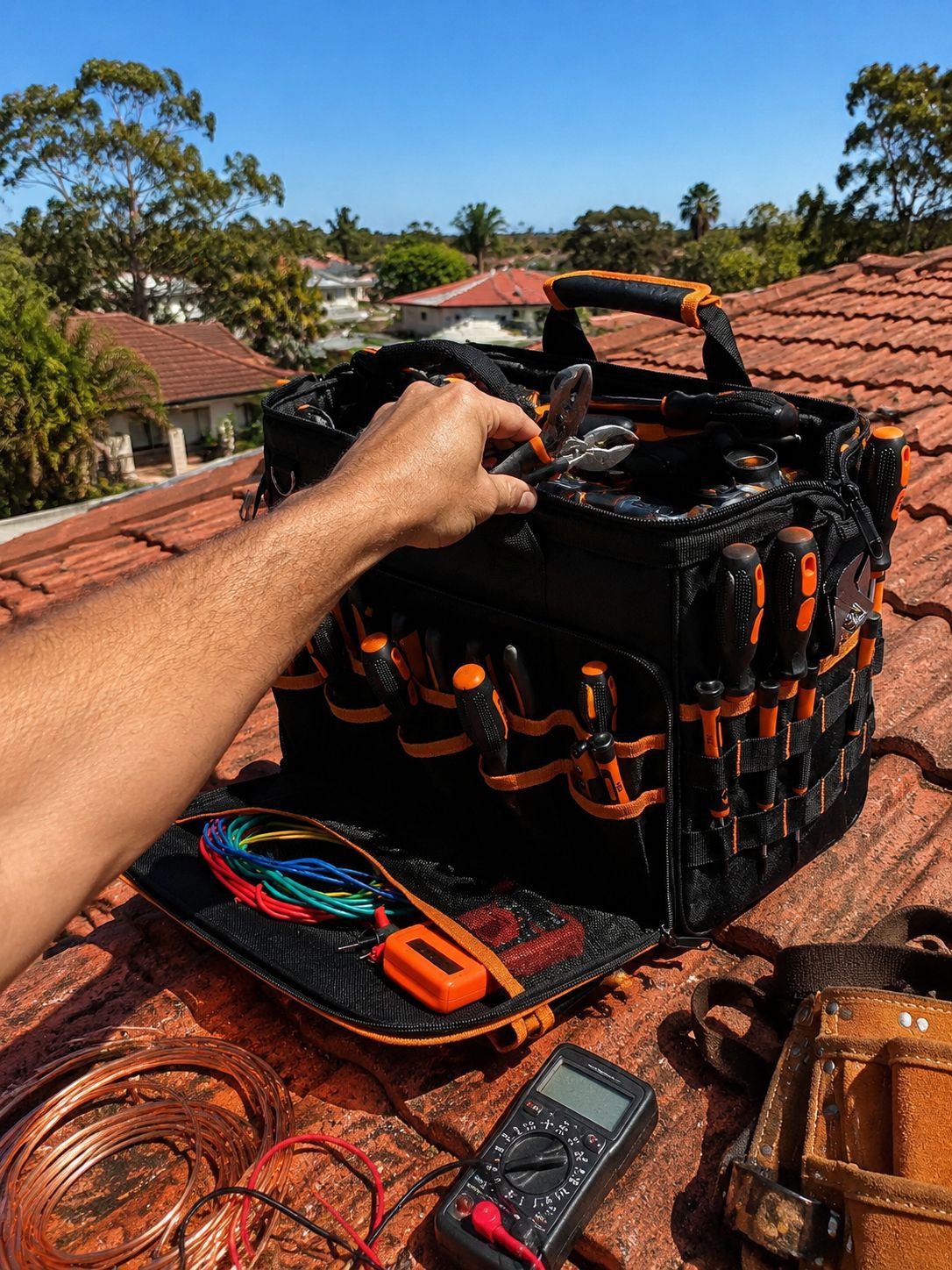 Close-up of durable material and reinforced stitching on the tool bag