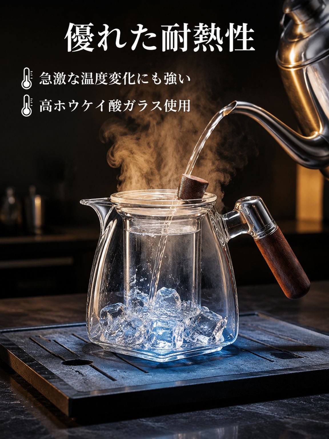 ガラスソリッドウッドハンドルほうじ茶器
