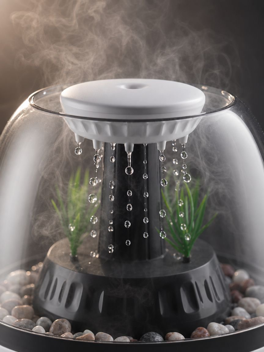 Silent home humidifier in fish tank design with timer function