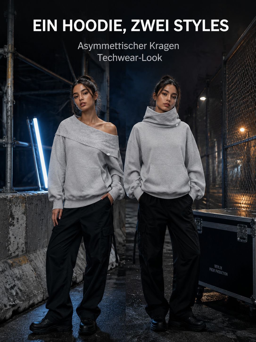 Amerikanischer Oversize Hoodie Damen Grau mit schräger Schulter, Streetwear im Dystopie-Stil