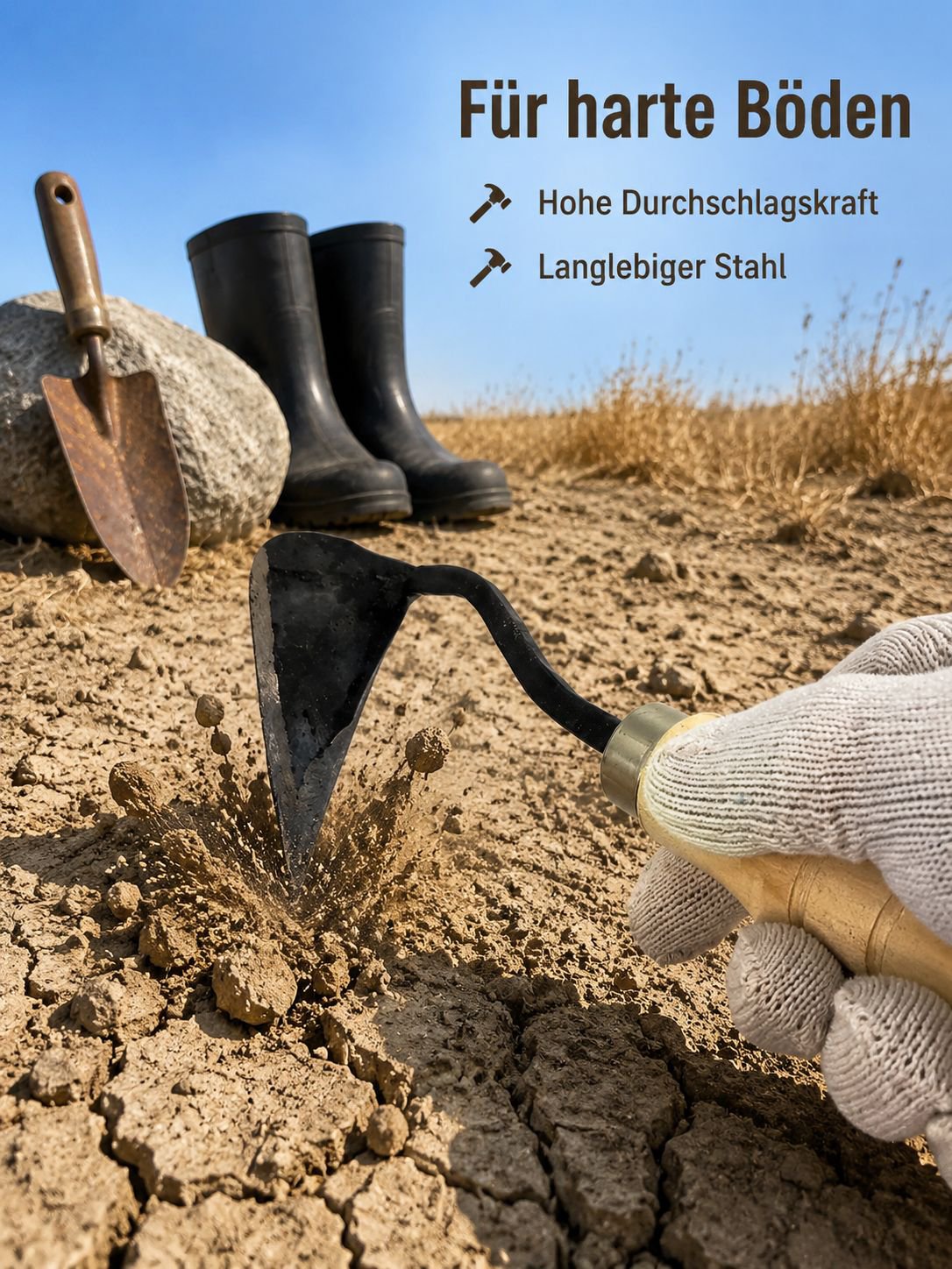 Gartenhacke mit gebogenem Stiel und dreieckiger Spitze, speziell für Baumschulen