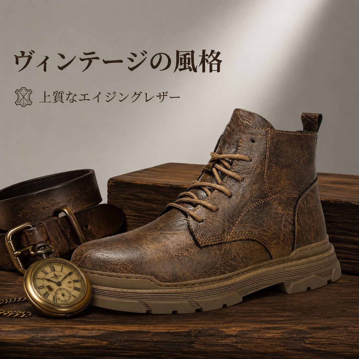 メンズレトロハイカットバイカーマーチンレザーブーツ英国風ミドルシューズ
