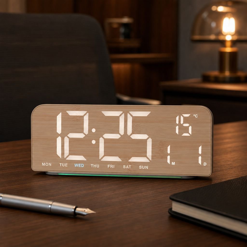 Stylish Nordic Woodgrain Fabric Table Clock with Large LED Display, Date and Day of the Week