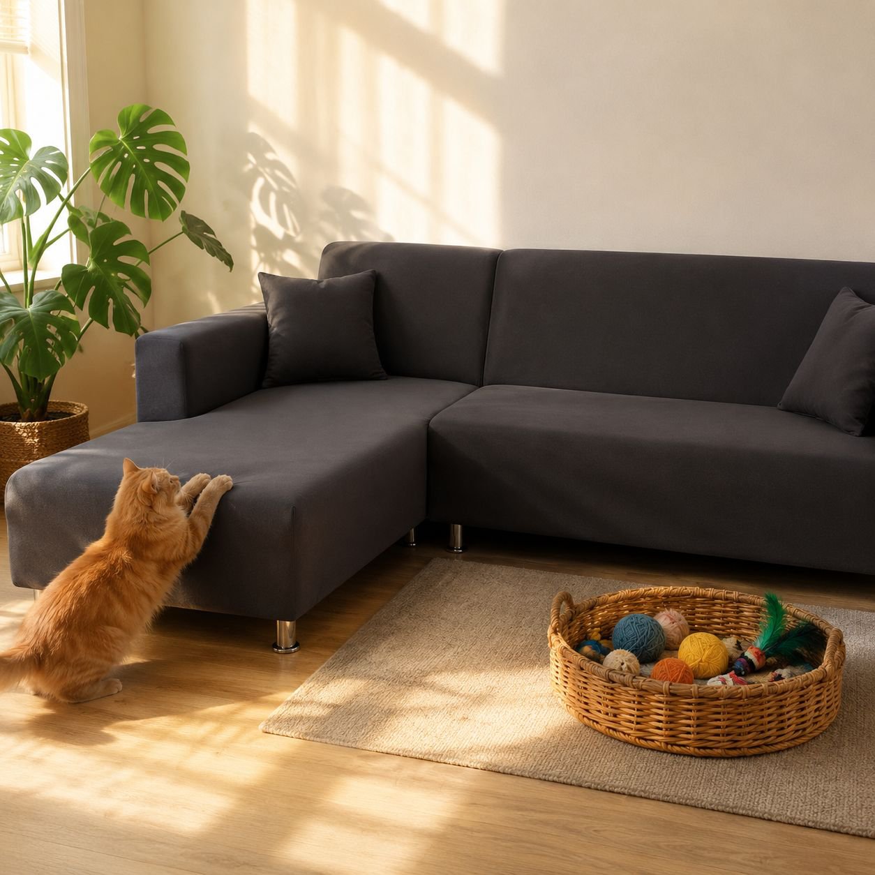 Funda de sofá completa en forma de L,  apta para chaise longue, uso para todas las estaciones