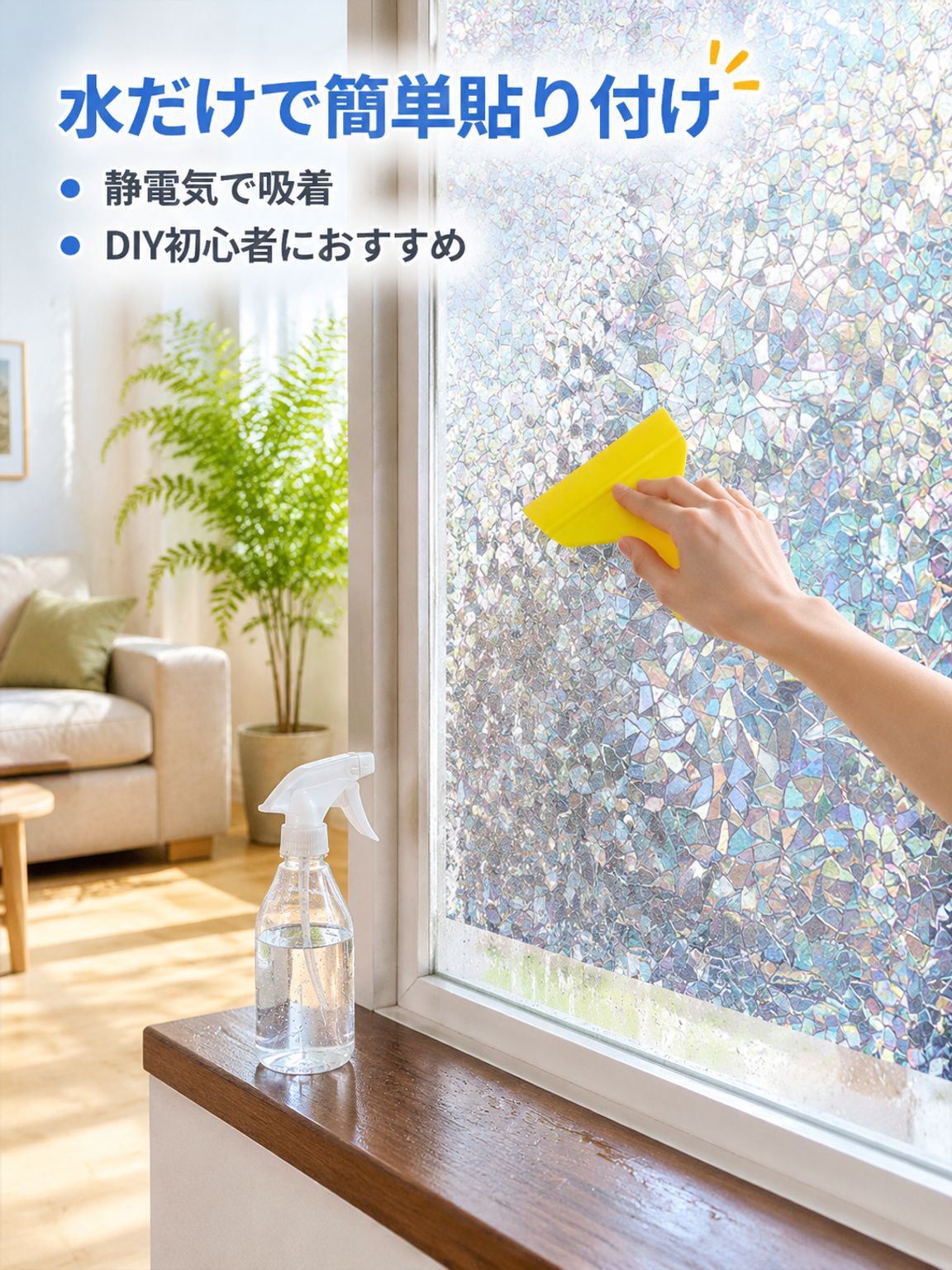 粘着剤不使用のプライバシー保護用ウィンドウフィルム