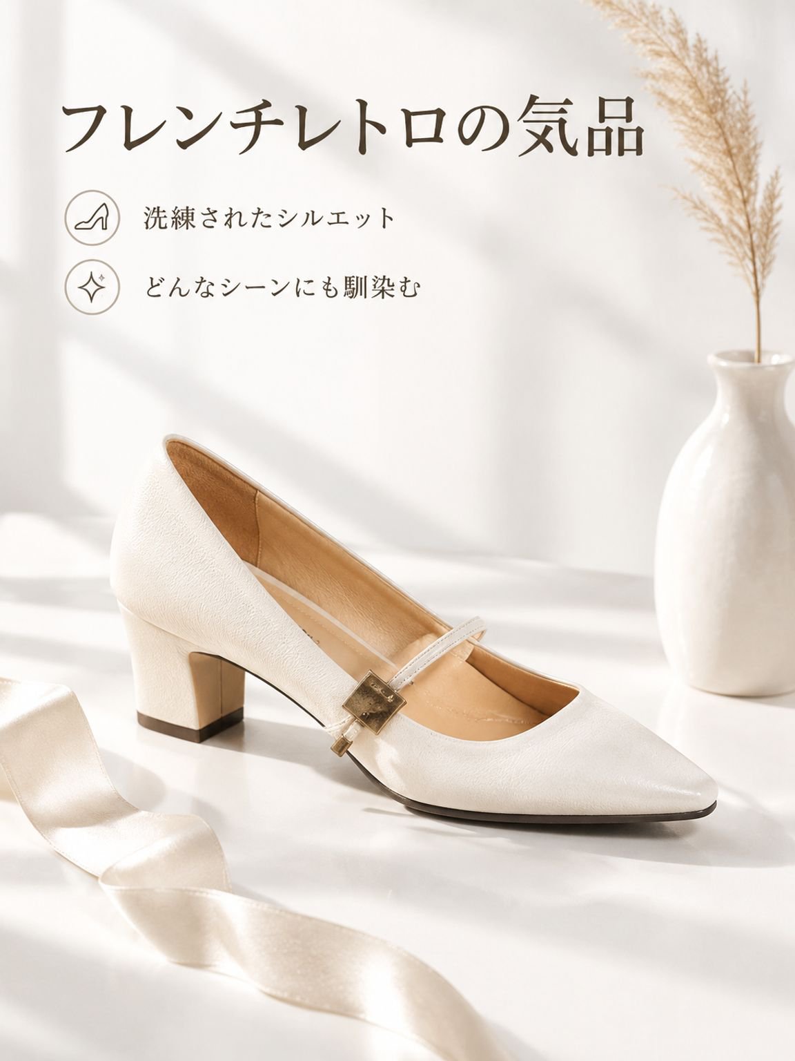 フレンチスタイル復古調ソフトレザー中高ヒールパンプス