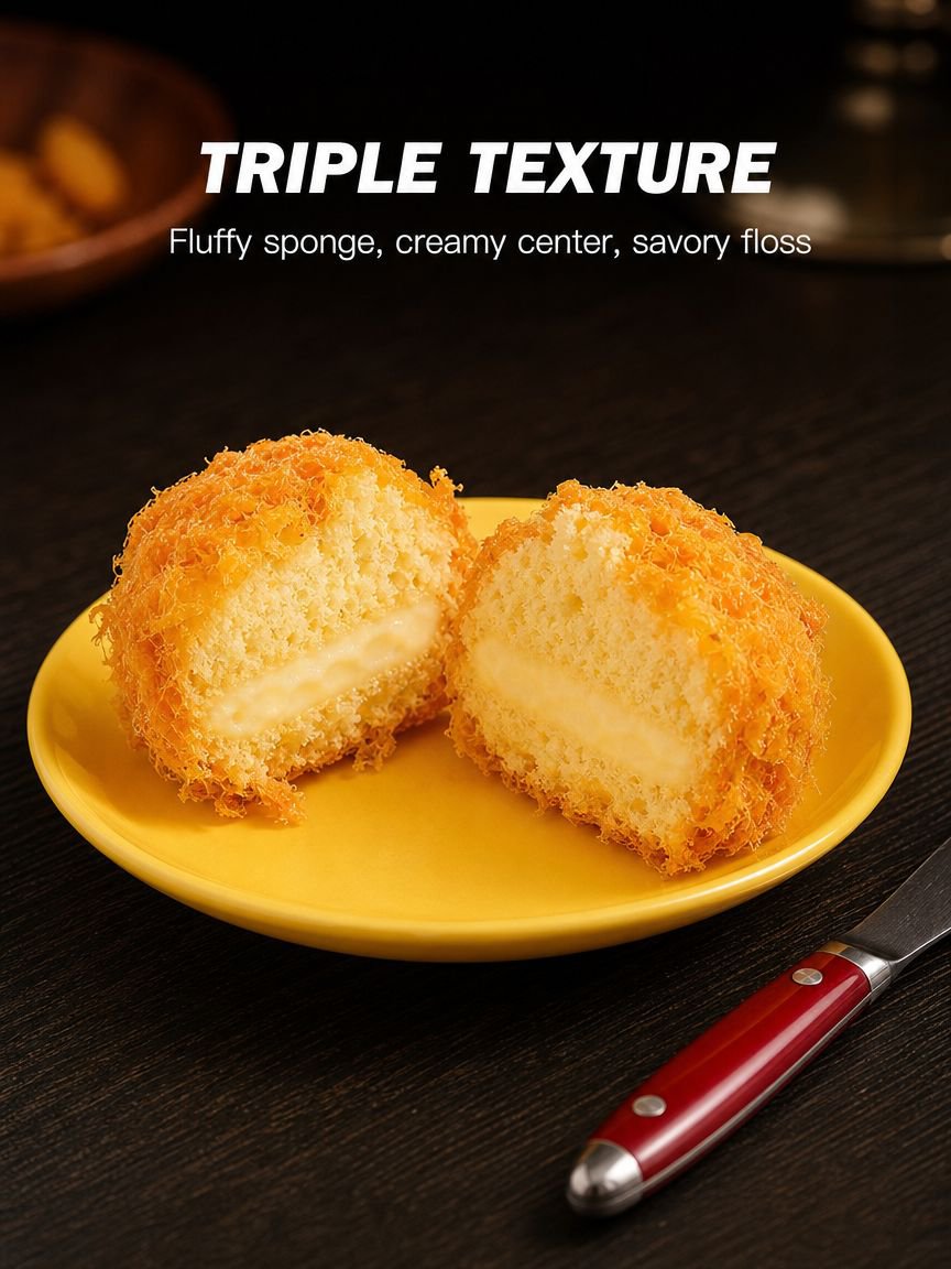 Close-up of fluffy pork floss topping on cake