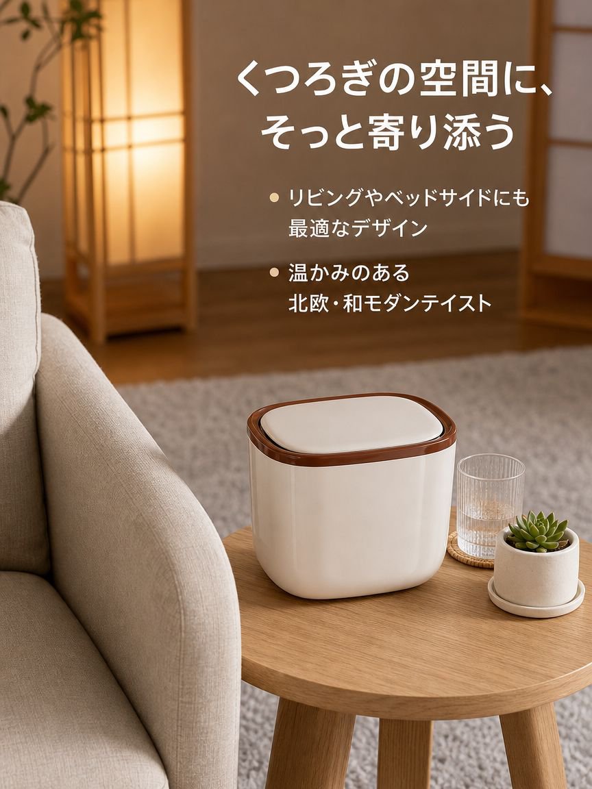 クリーム風デザインのミニごみ箱を使うシーン