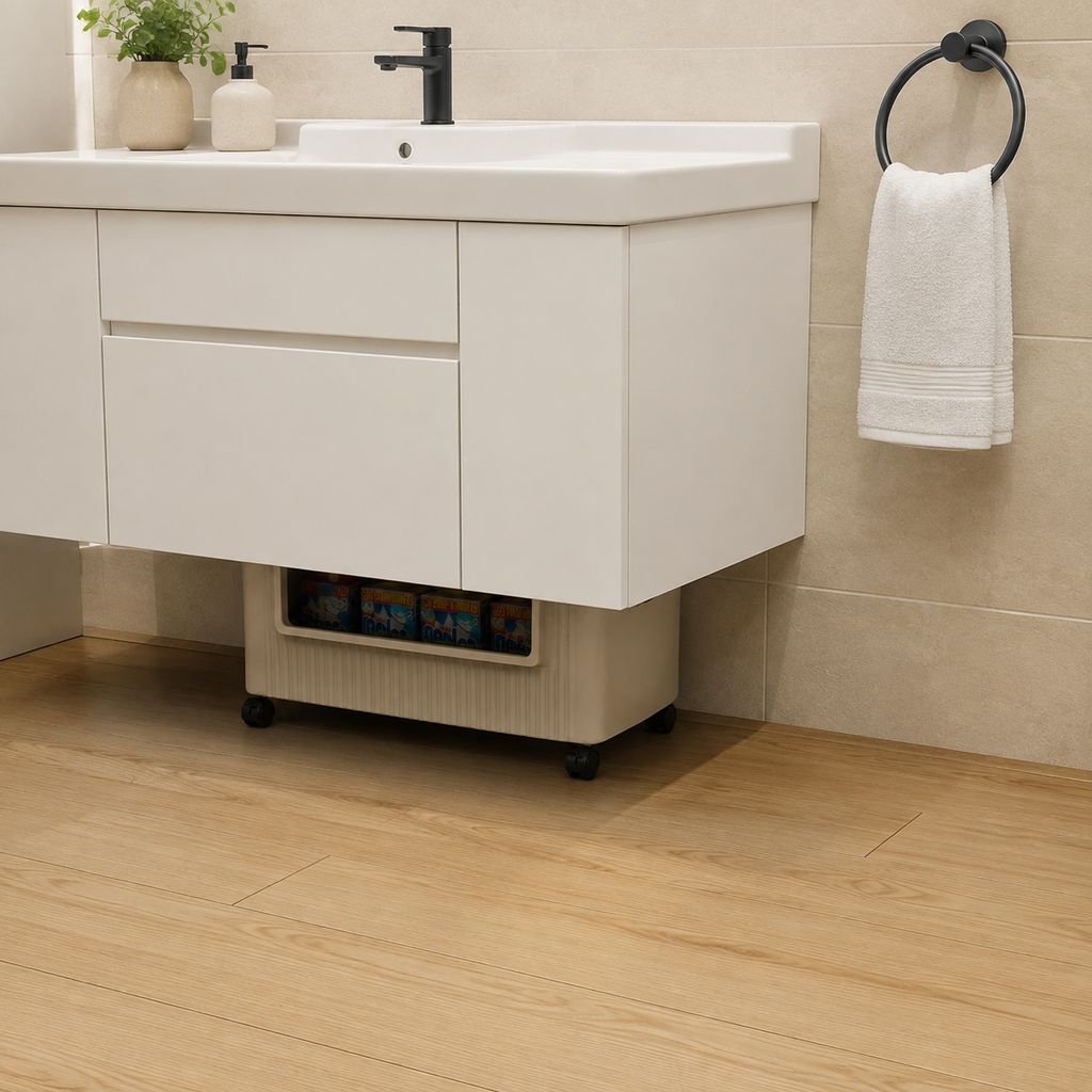 Multi-functional under-shelf rack for washing machine area