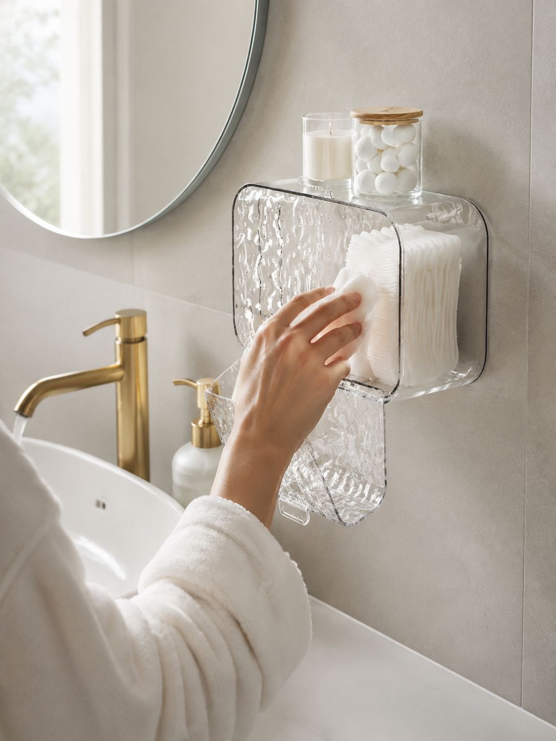 Minimalist glacier pattern cosmetic box on bathroom shelf