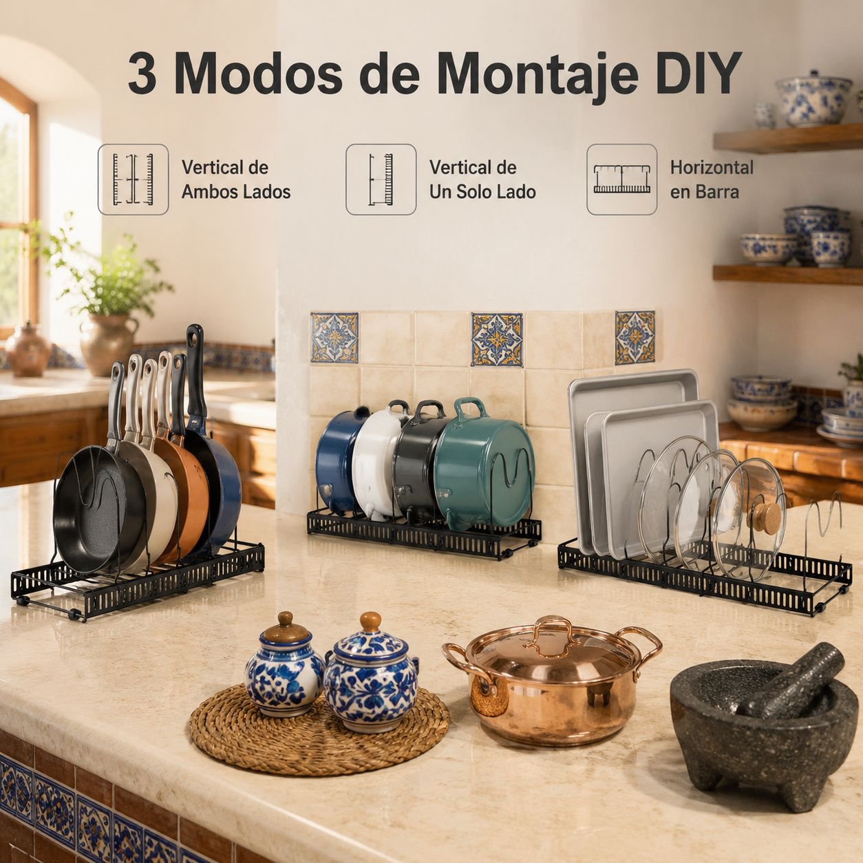 Estante organizador ajustable para sartenes y tapas, multifuncional