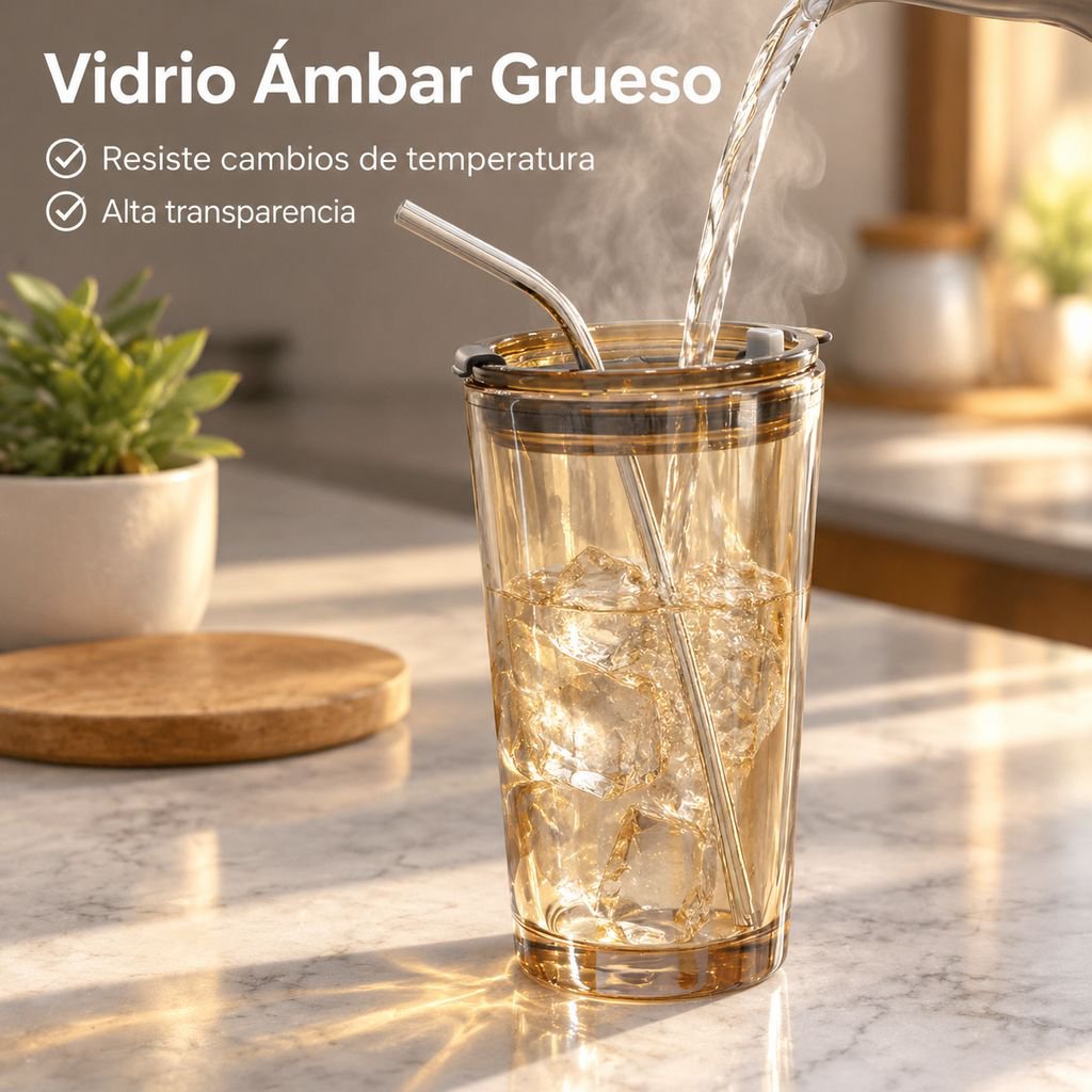 Vaso de Vidrio Aurora Boreal con Tapa y Pajita para Té y Agua