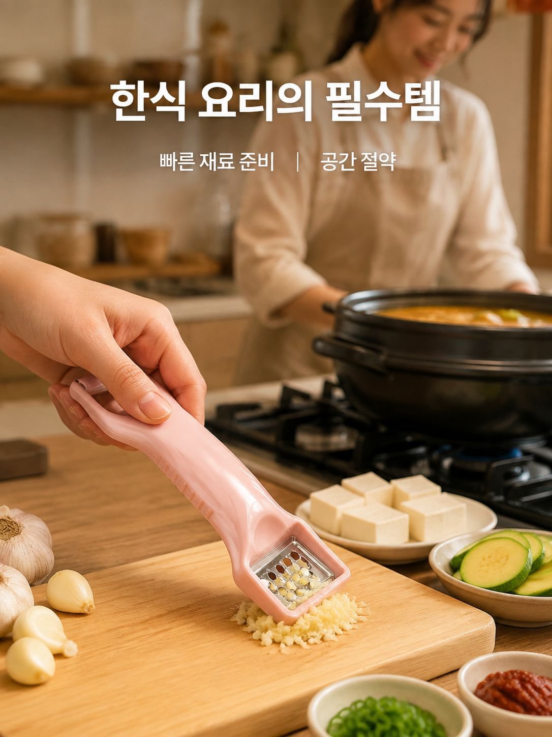두 손을 합쳐 껍질을 깎는 기계와 과일과 채소를 제거하는 칼