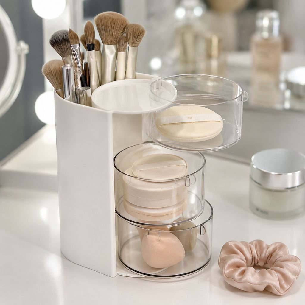 Dustproof makeup organizer with rotating feature for brushes and puffs