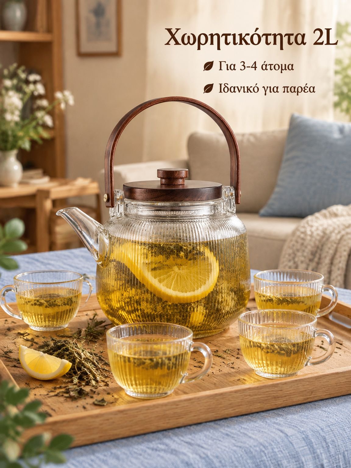 Κινεζική διάφανη γυάλινη κανάτα με λαβή