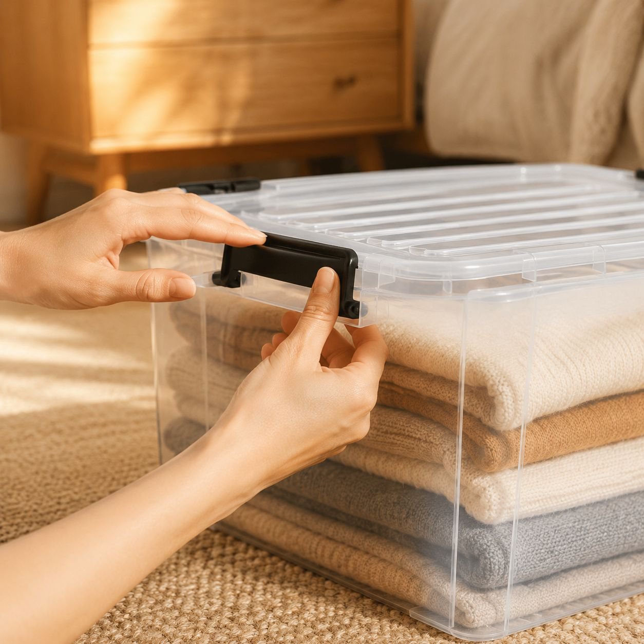 Clear plastic box ideal for office and household storage