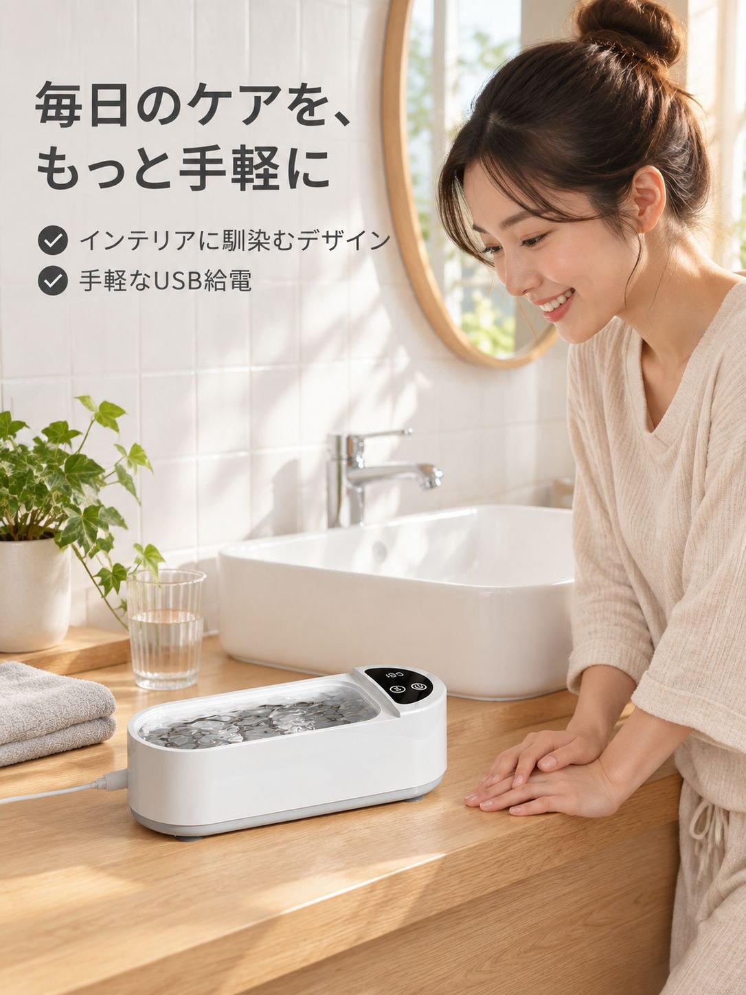 メガネ、ジュエリー、矯正器具用の小型自動超音波洗浄機。USB接続で持ち運び可能。