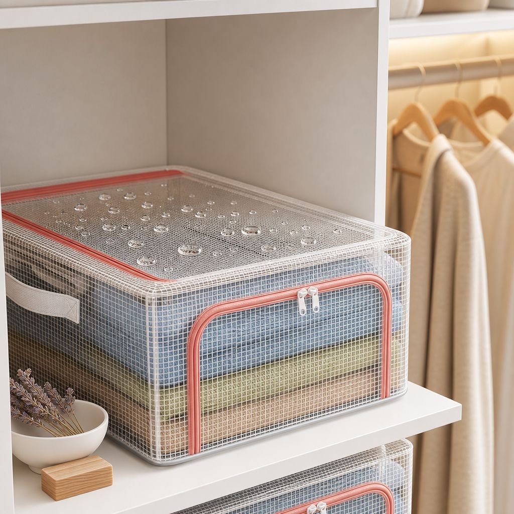 Caja organizadora de ropa con tapa resistente y diseño transparente