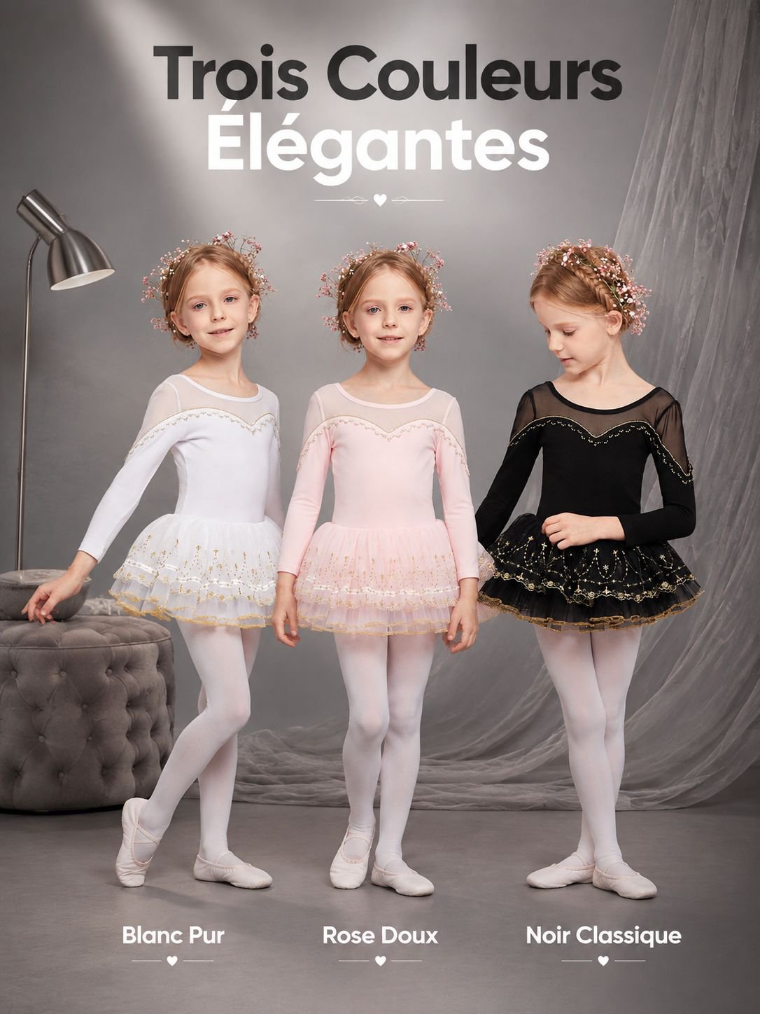 Costume de ballet à manches longues pour filles en rose