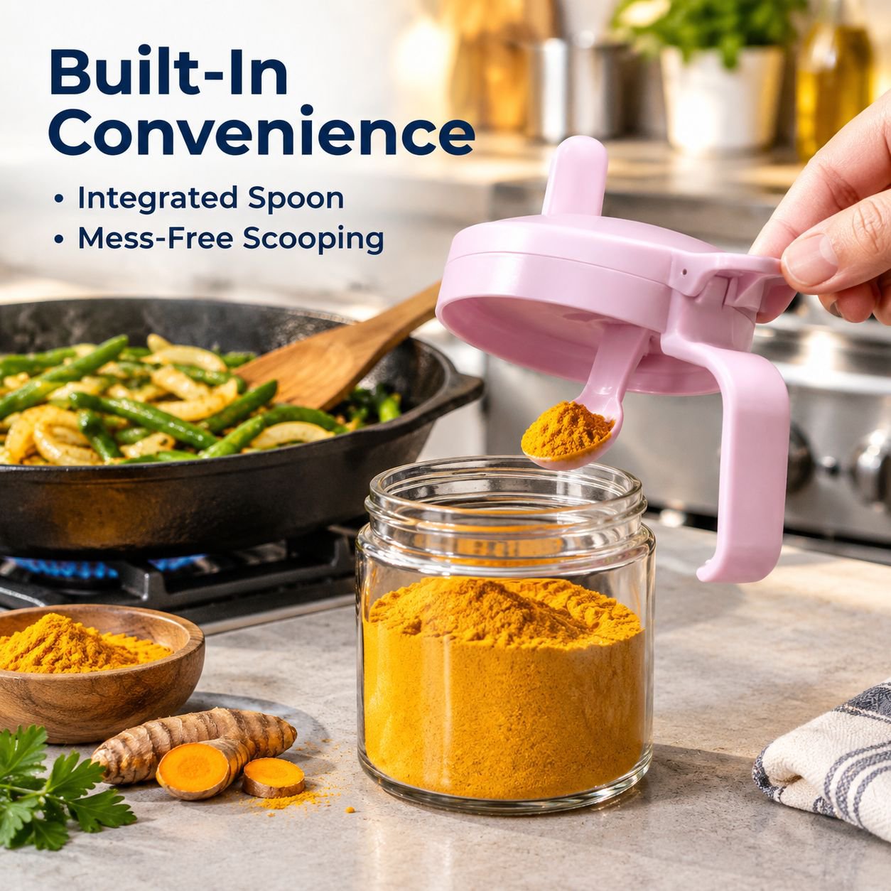 Airtight Moisture-Proof Plastic Spice Jar with Press Pop-Up Lid and Built-in Spoon