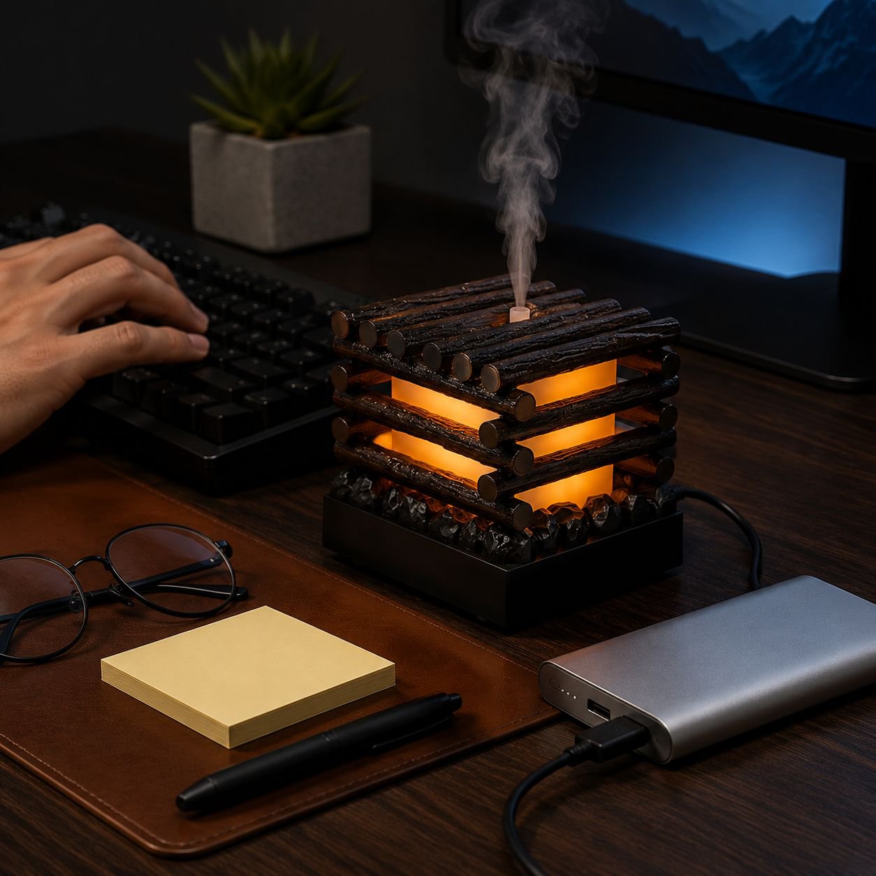 Mini air purifier and aroma diffuser in living room setting