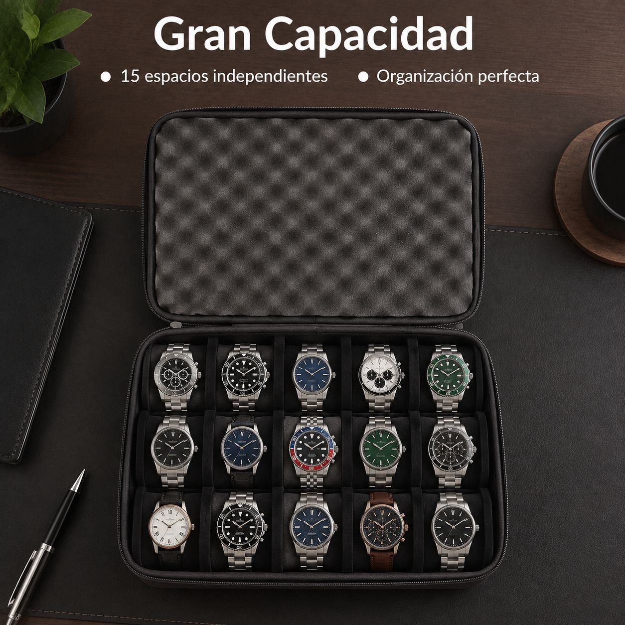 Compatible con cajas de almacenamiento de relojes de 15 ranuras.