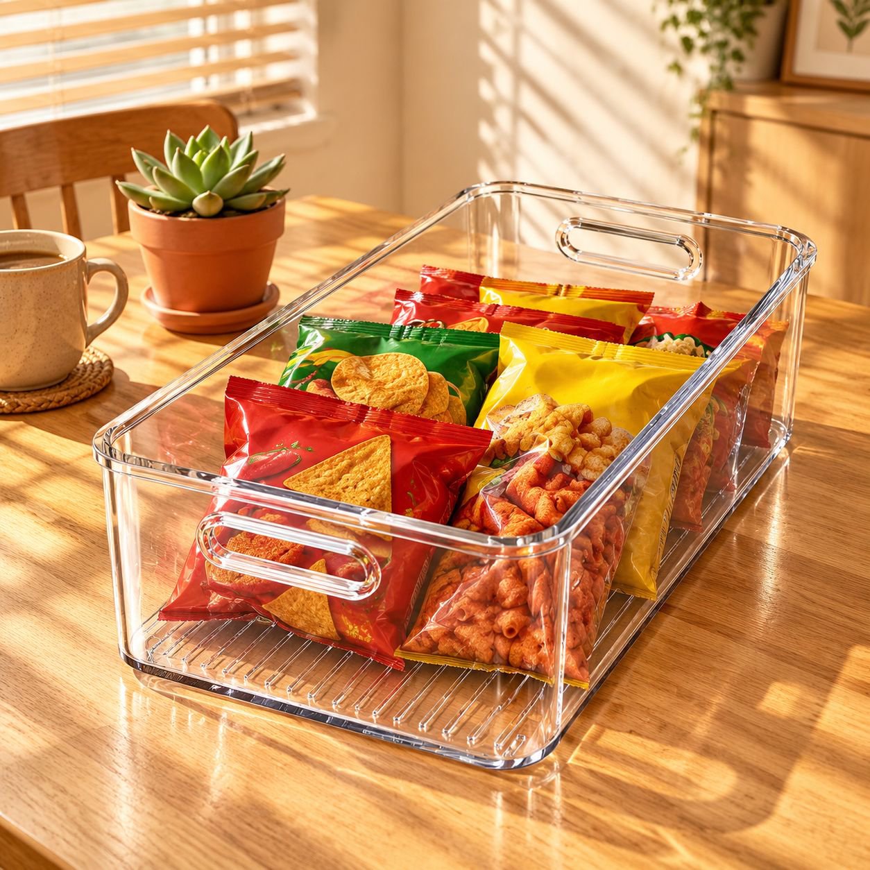 Caja organizadora de acrílico transparente para escritorio tamaño mediano para snacks