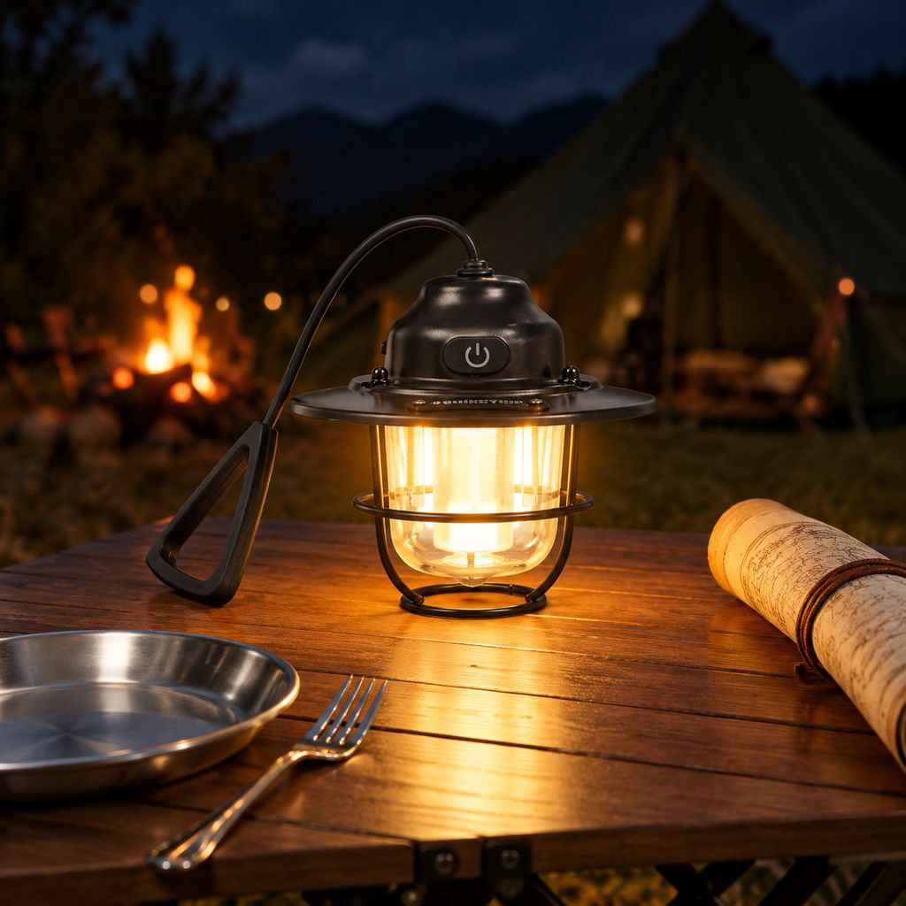 Tragbare Camping-Kiefernzapfen-Lampe im Einsatz beim Zelten