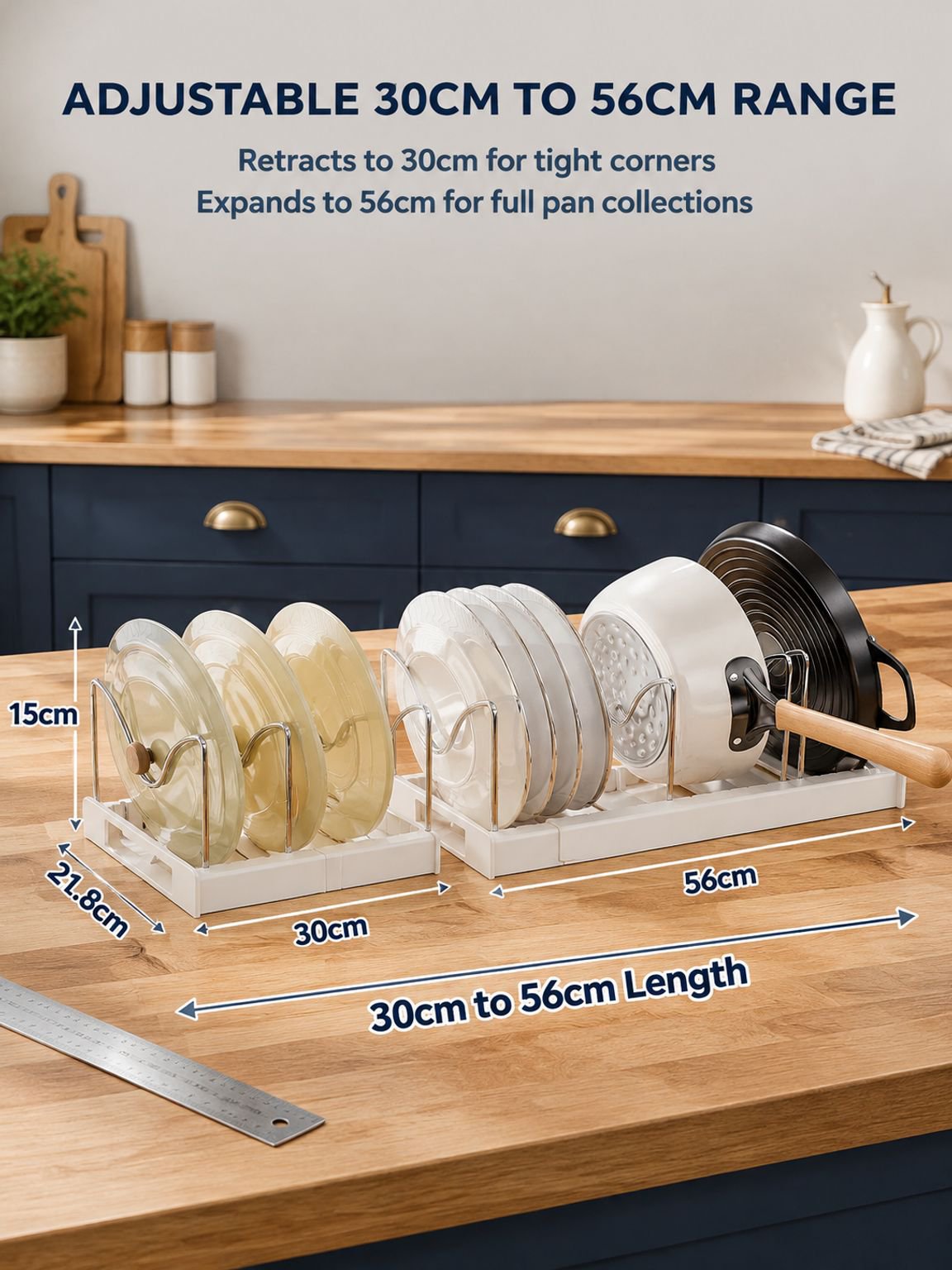 Stainless steel pot lid rack keeping lids upright and easy to access