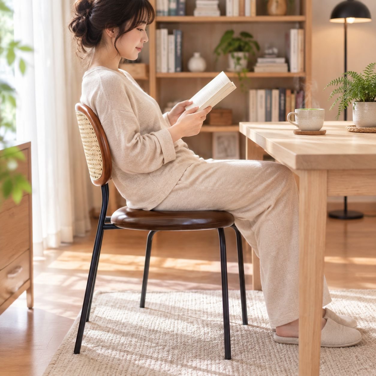 家庭用ラタン調背もたれ付きダイニングチェア
