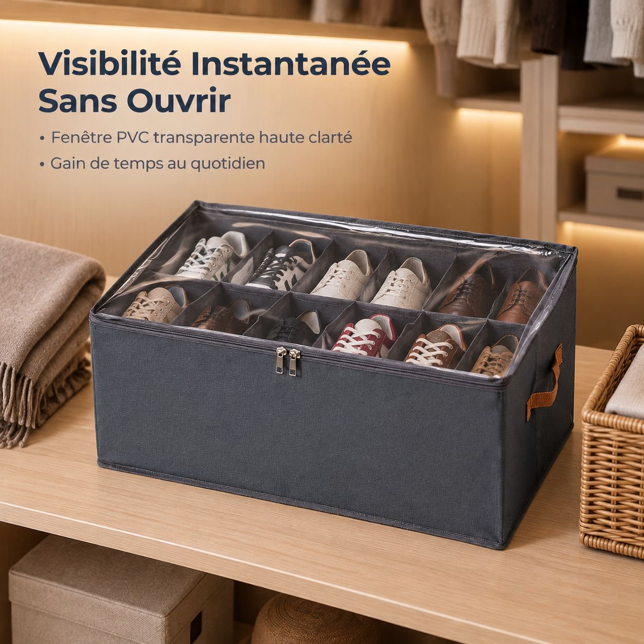 Boîte à Chaussures Pliable avec Couvercle Transparent Rangement Compartimenté