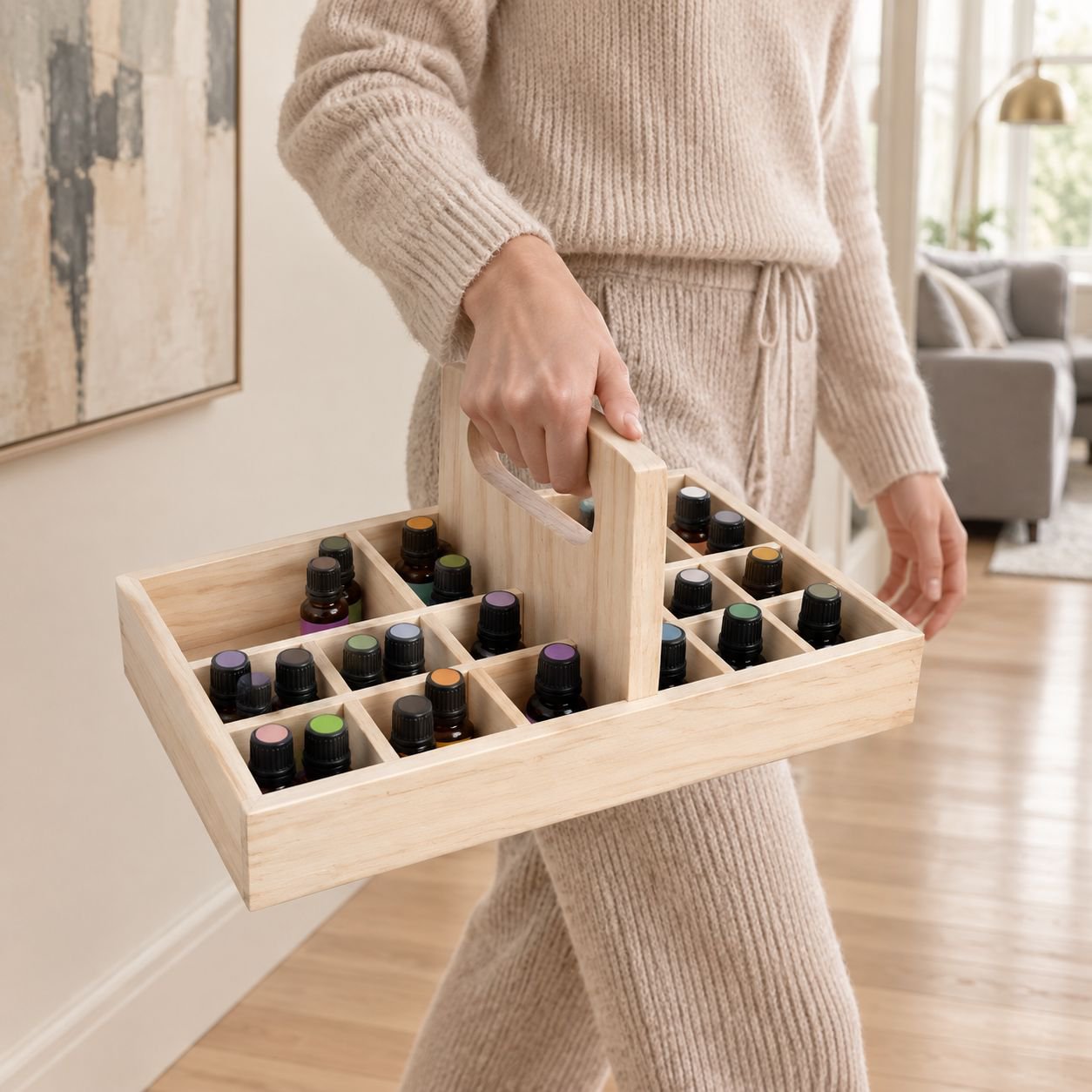 Open view of solid wood essential oil box showing compartments