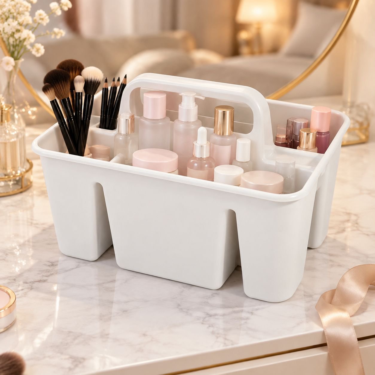 Desktop storage basket holding office supplies