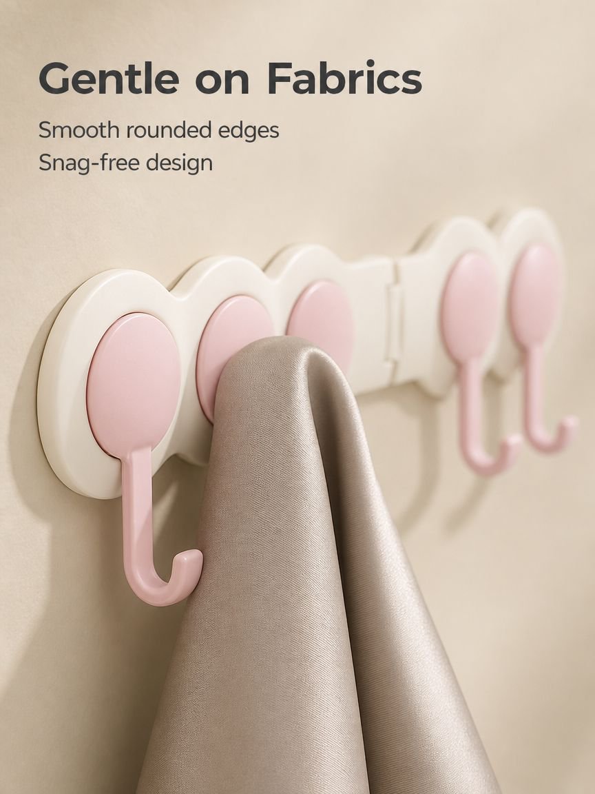 Close-up of sturdy cream wall hooks for home organization