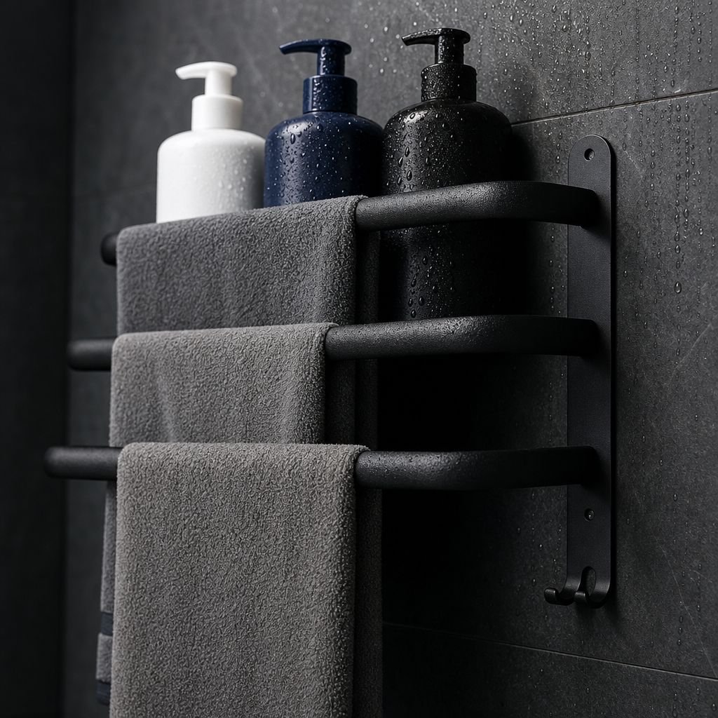 Modern design towel rack and shelf combo in use
