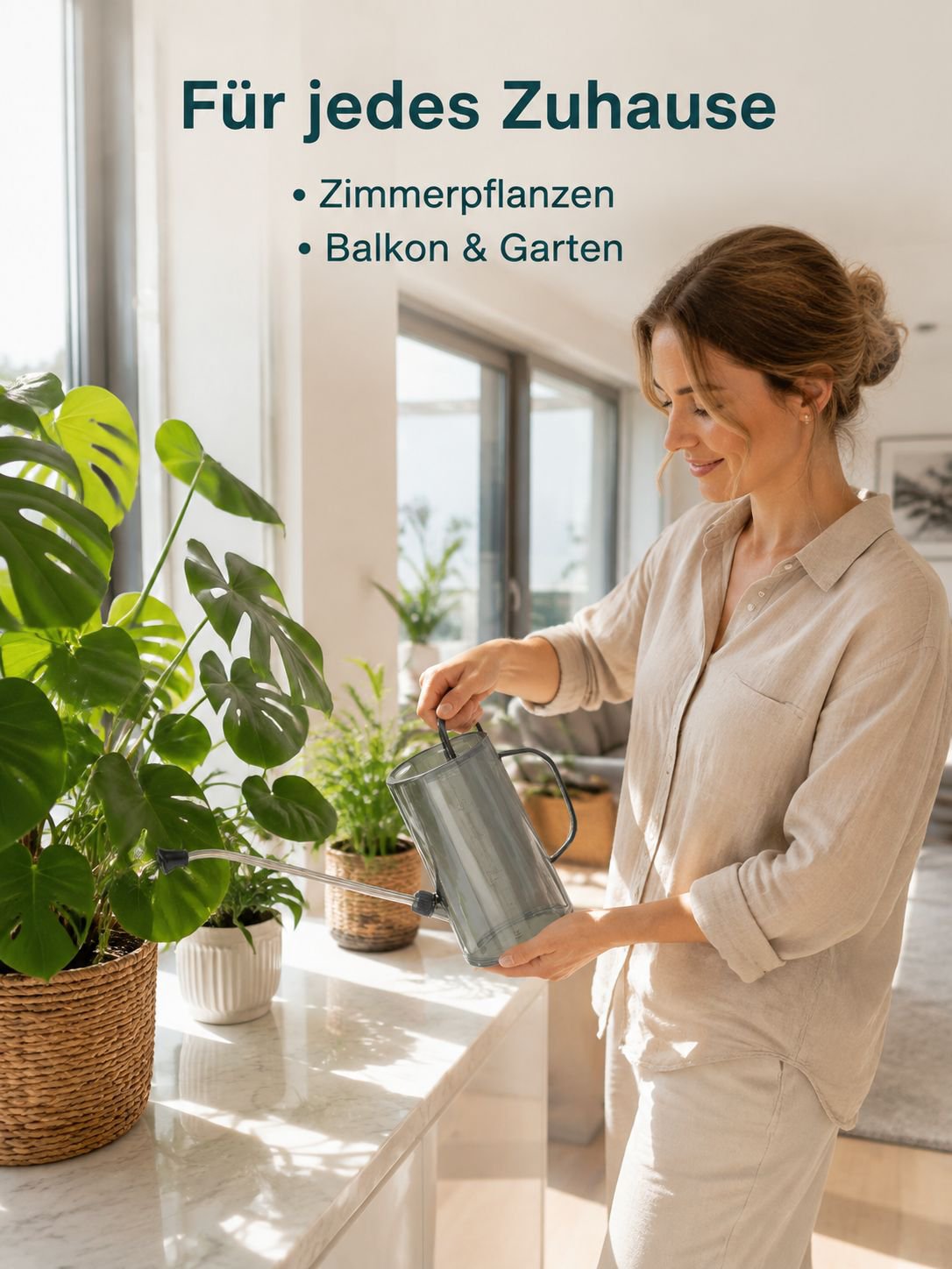 Edelstahl-Gießkanne mit langem Ausguss, transparent mit Skala, für den Haus- und Gartenbedarf