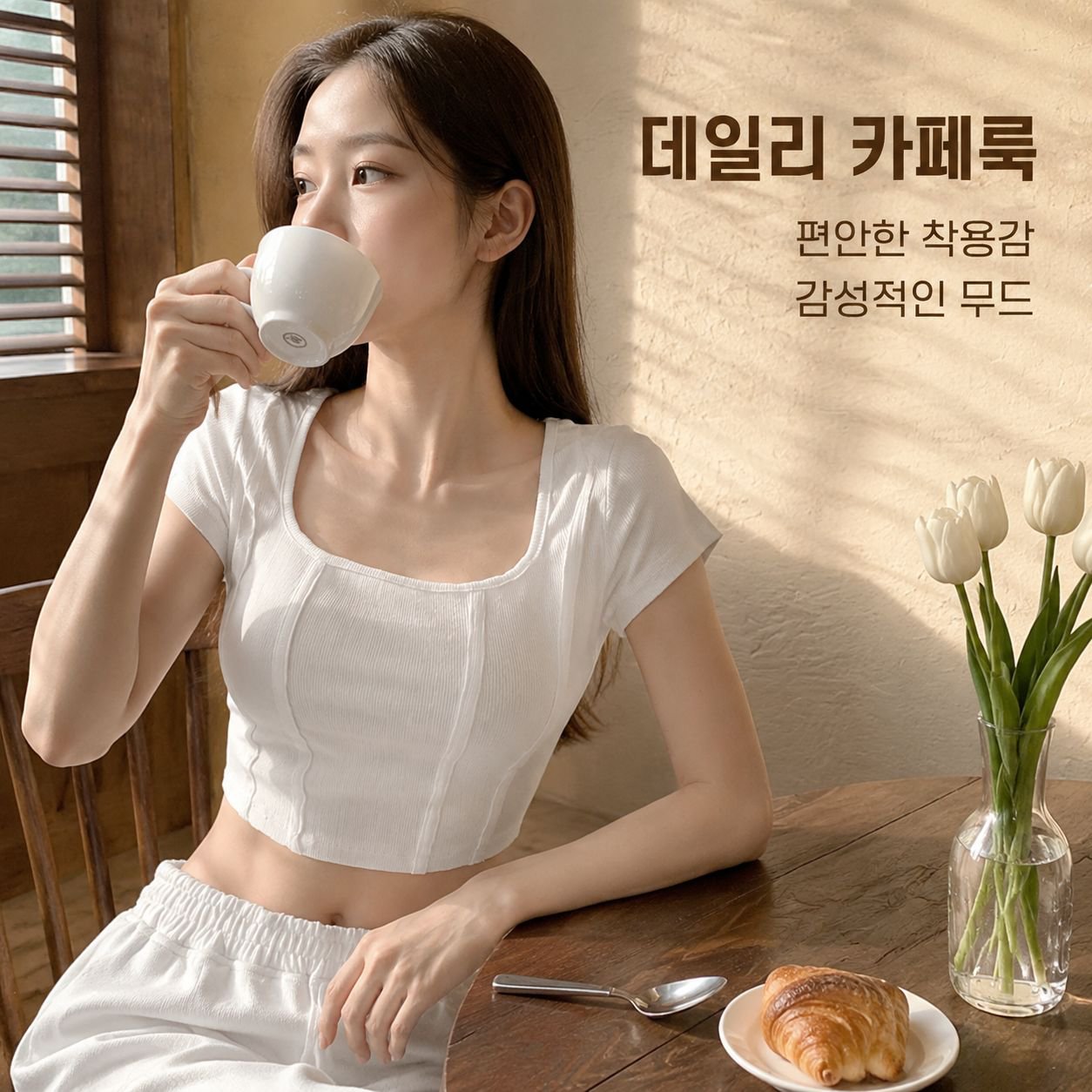 스퀘어넥 쇄골 라인 슬림핏 반팔 티