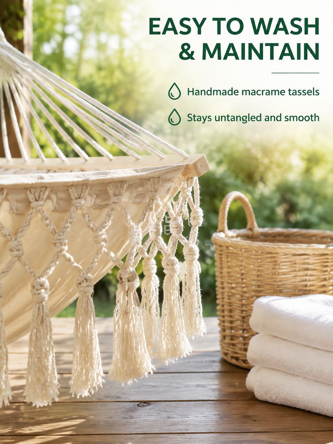 Relaxing in a comfortable canvas hammock with elegant tassels