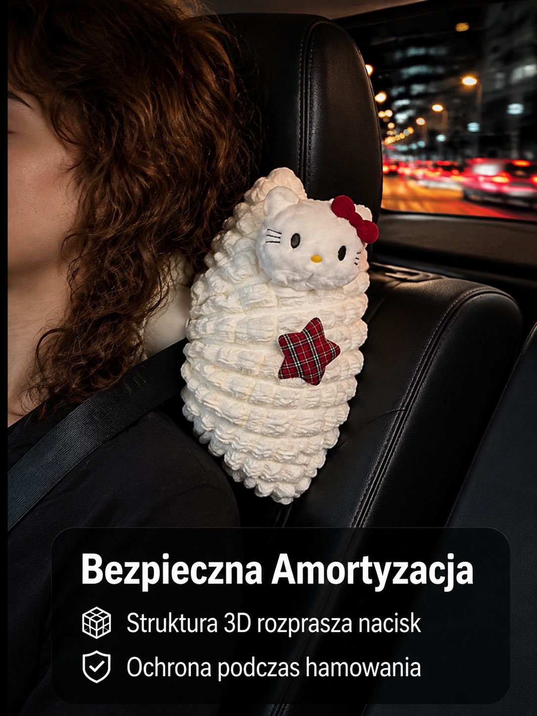Miękka i wygodna poduszka Kitty w samochodzie